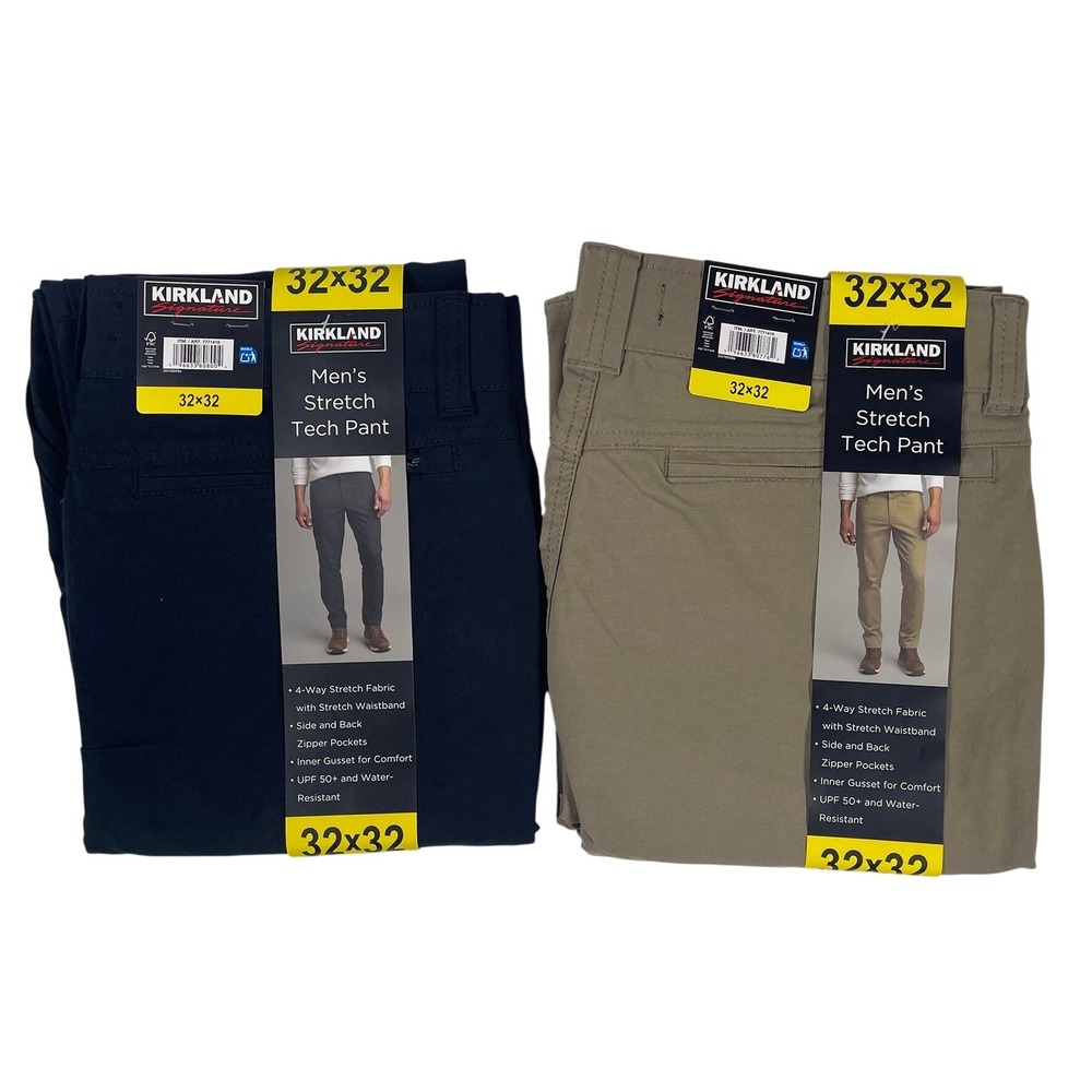 2 Pack Kirkland Signature Mens Stretch Tech Pants 32x32 Black Khaki 7771419